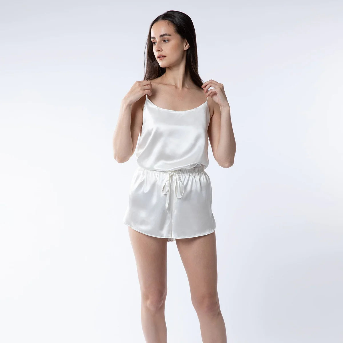 Silk Cami & Shorts Pyjama Set - White Lily